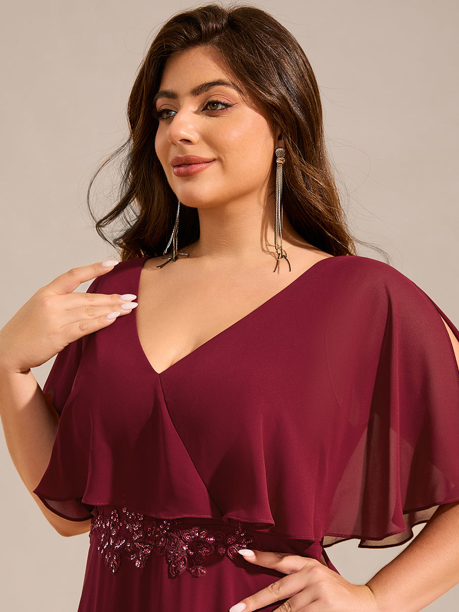 Elegant Plus Size Bat-Wing Sleeves Chiffon Maxi Evening Dress #color_Burgundy