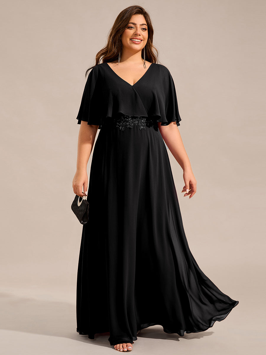 Elegant Plus Size Bat-Wing Sleeves Chiffon Maxi Evening Dress #color_Black