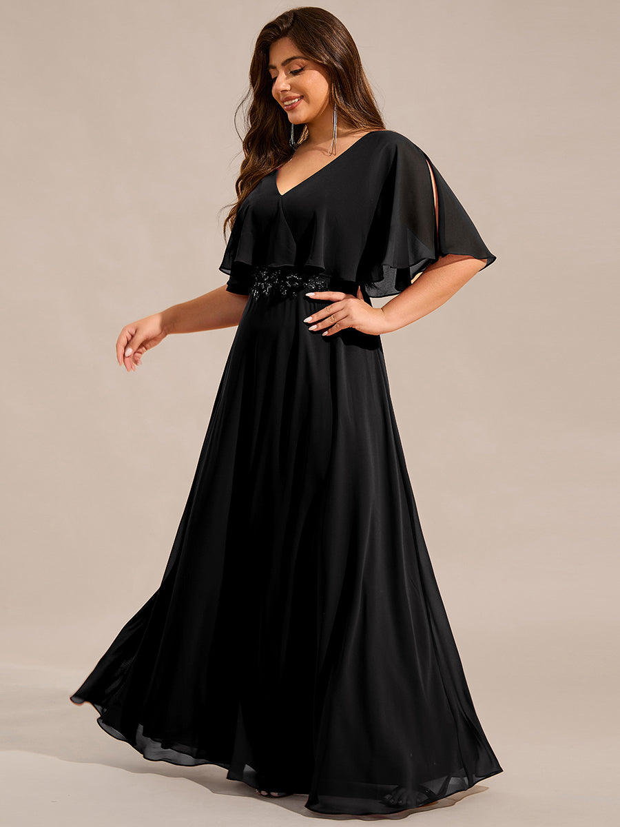 Elegant Plus Size Bat-Wing Sleeves Chiffon Maxi Evening Dress #color_Black