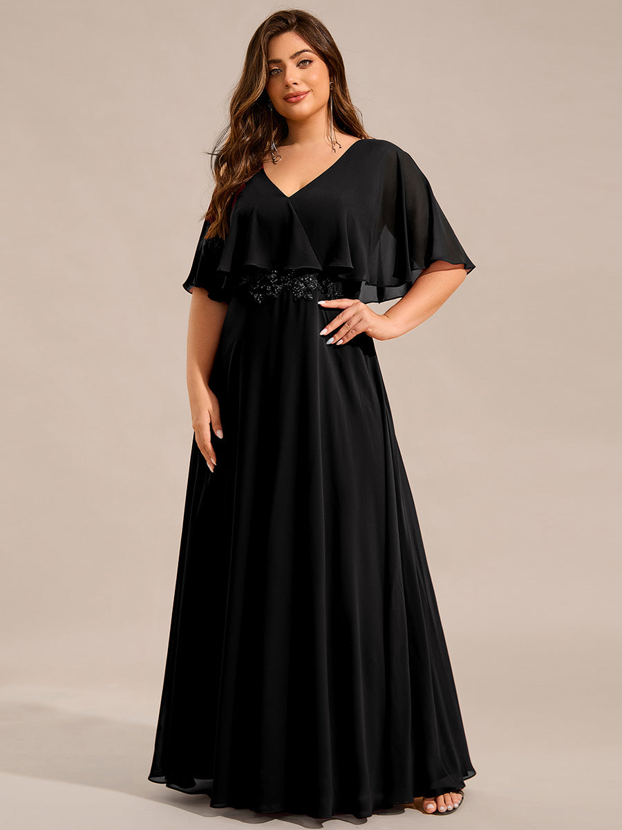 Elegant Plus Size Bat-Wing Sleeves Chiffon Maxi Evening Dress #color_Black