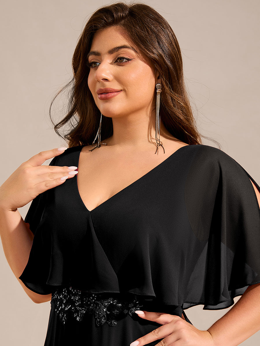 Elegant Plus Size Bat-Wing Sleeves Chiffon Maxi Evening Dress #color_Black