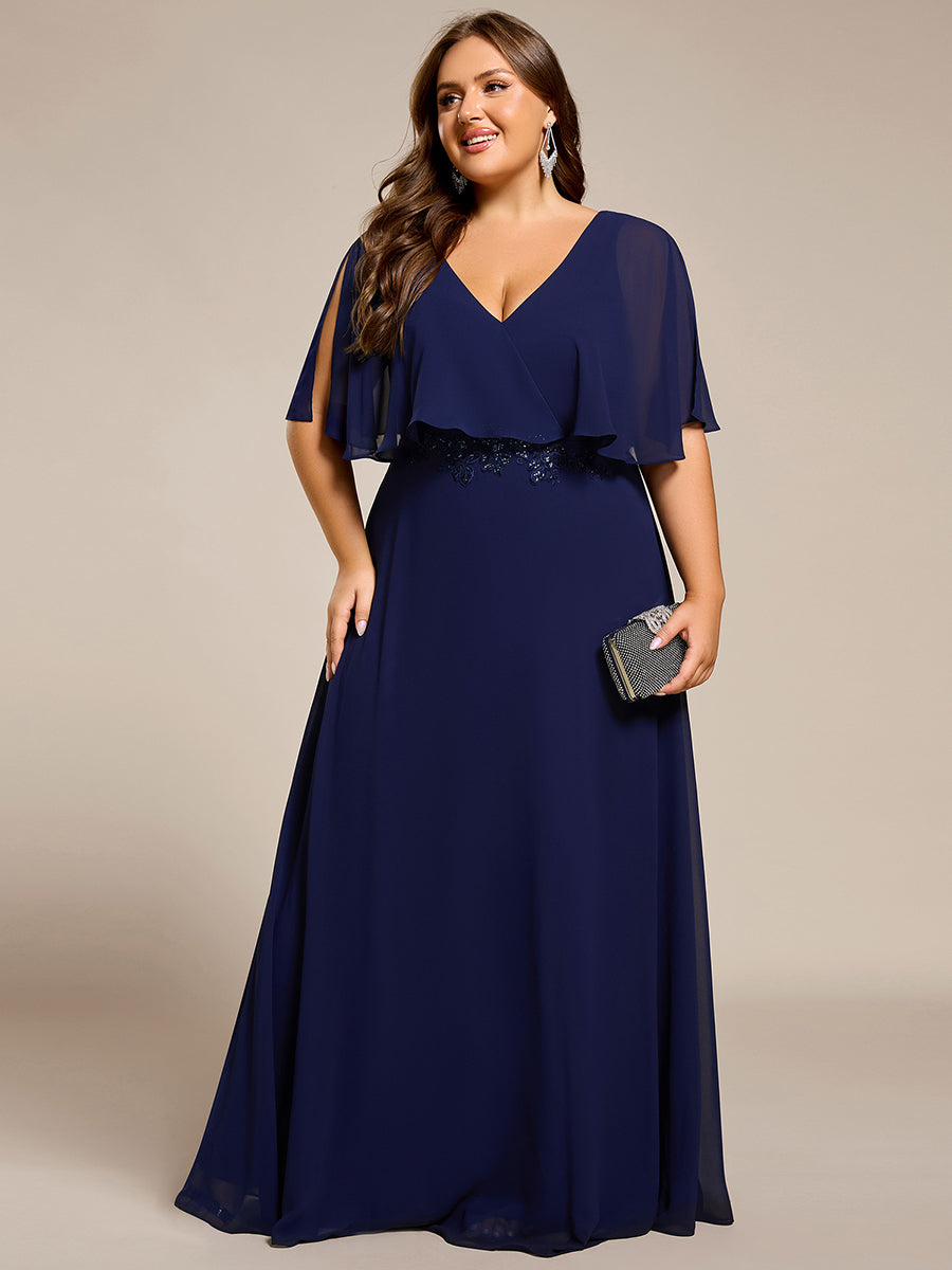 Elegant Plus Size Bat-Wing Sleeves Chiffon Maxi Evening Dress #color_Navy Blue