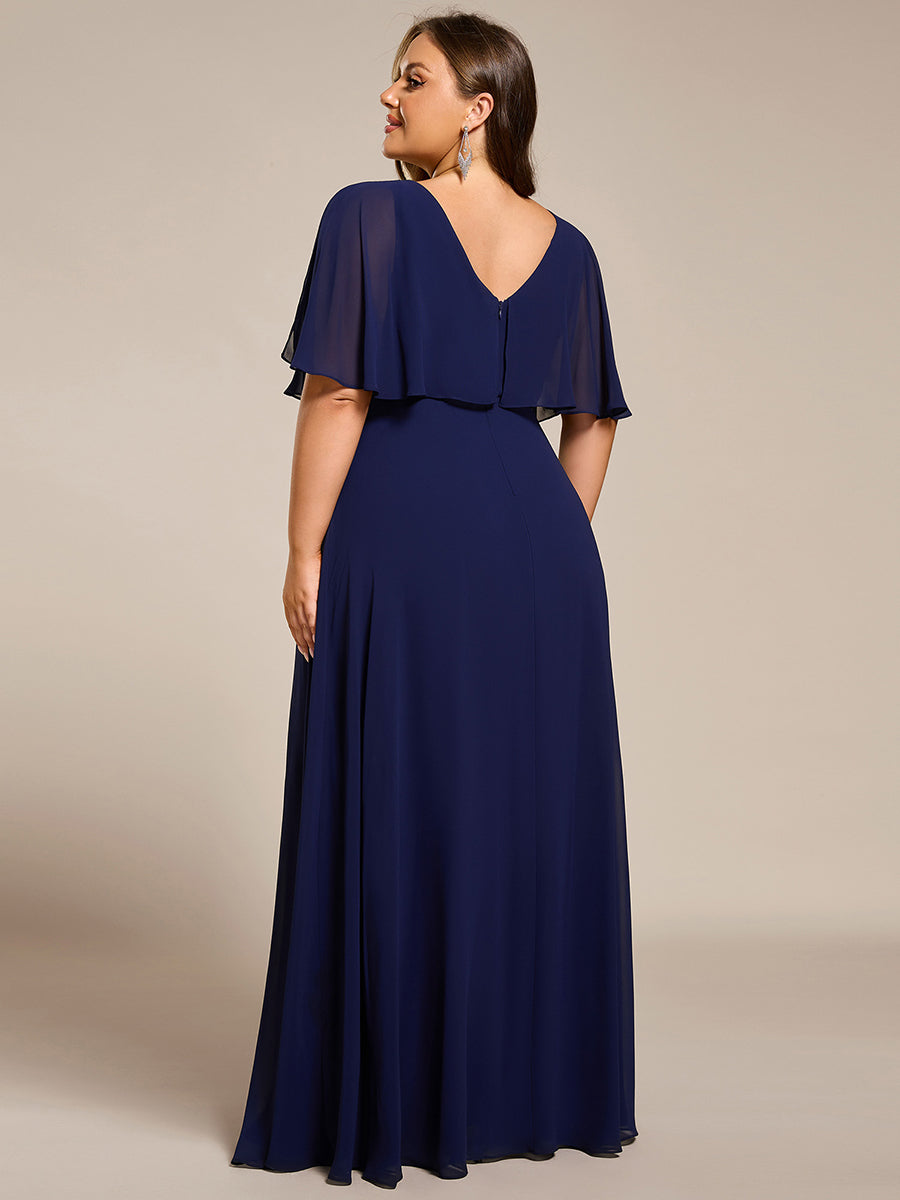 Elegant Plus Size Bat-Wing Sleeves Chiffon Maxi Evening Dress #color_Navy Blue