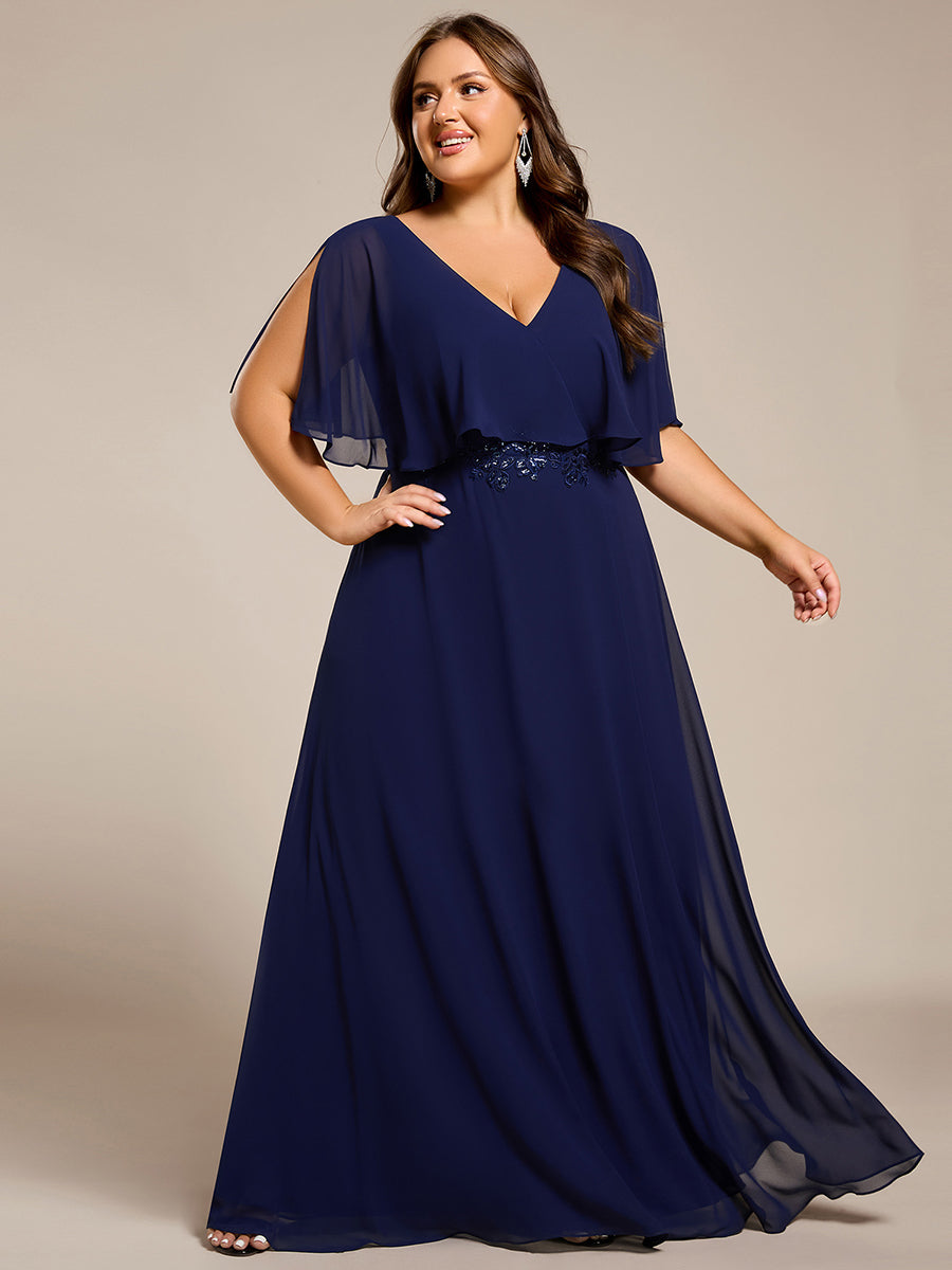 Elegant Plus Size Bat-Wing Sleeves Chiffon Maxi Evening Dress #color_Navy Blue