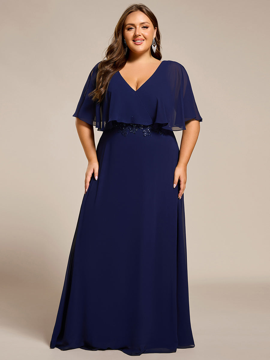 Elegant Plus Size Bat-Wing Sleeves Chiffon Maxi Evening Dress #color_Navy Blue