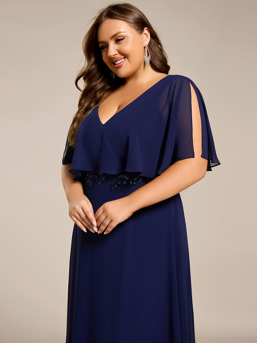 Elegant Plus Size Bat-Wing Sleeves Chiffon Maxi Evening Dress #color_Navy Blue