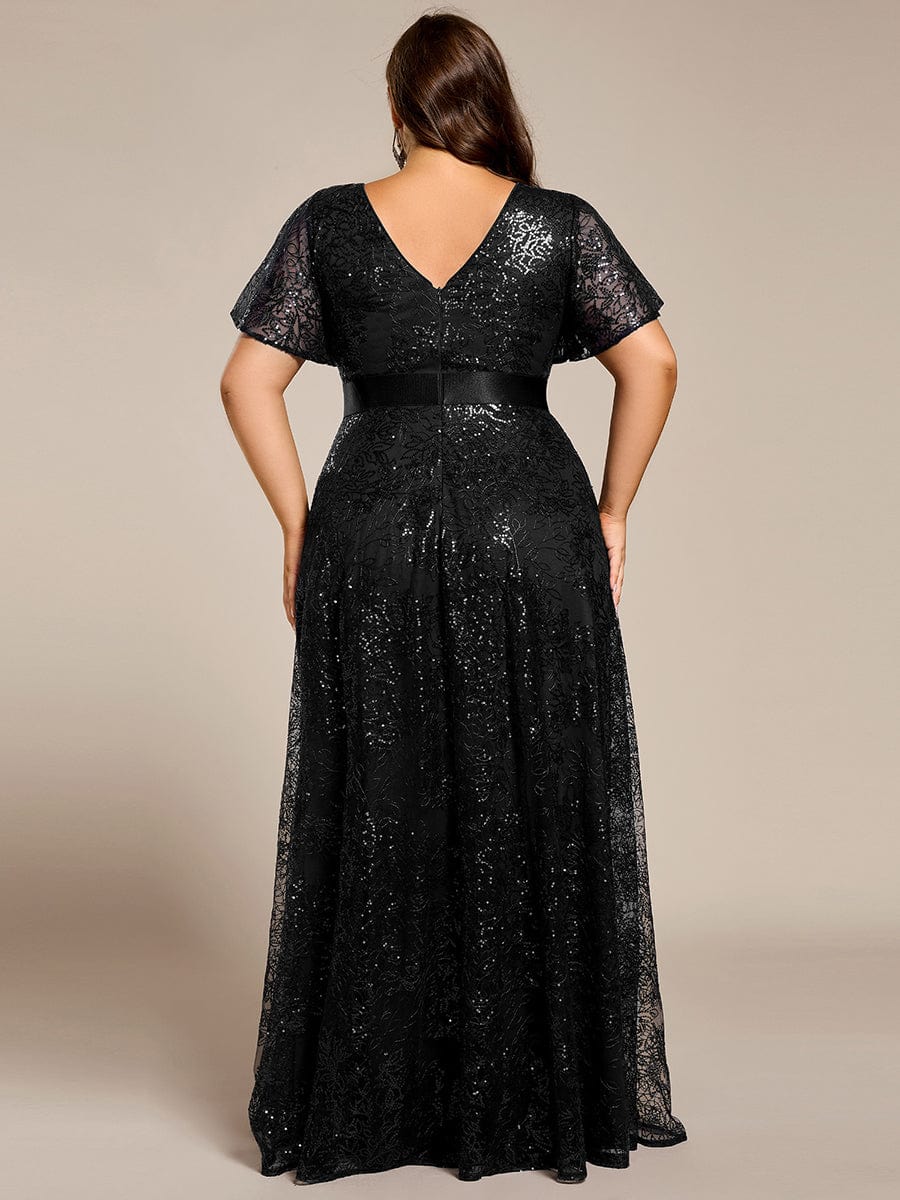 Illusion V-neck Sequin Maxi Evening Dress #color_Black