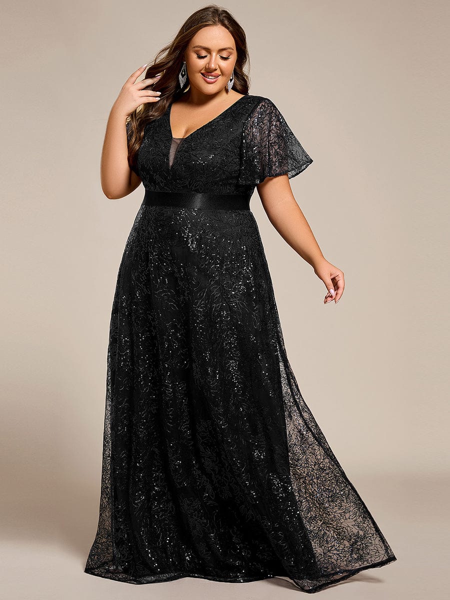 Illusion V-neck Sequin Maxi Evening Dress #color_Black