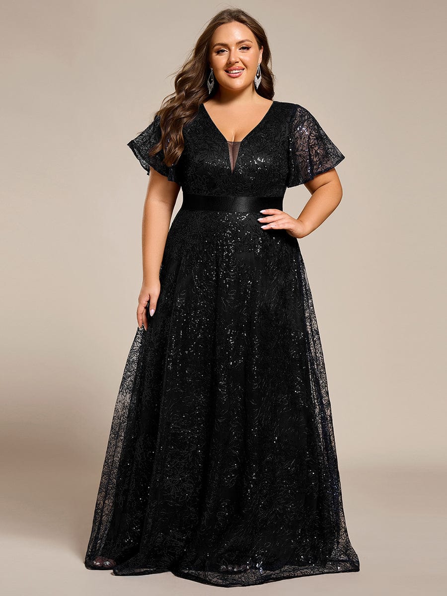 Illusion V-neck Sequin Maxi Evening Dress #color_Black