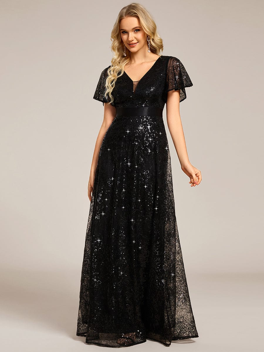 Illusion V-neck Sequin Maxi Evening Dress #color_Black