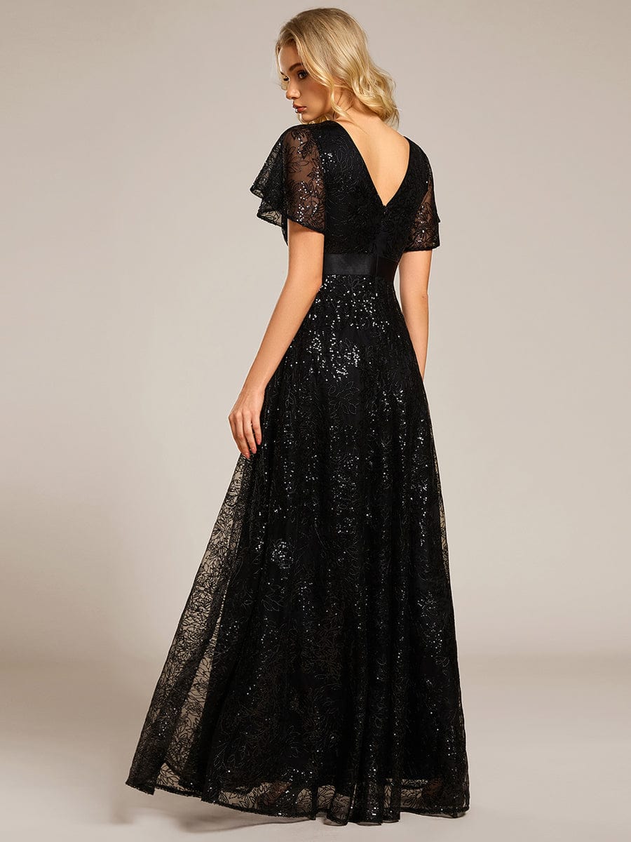 Illusion V-neck Sequin Maxi Evening Dress #color_Black