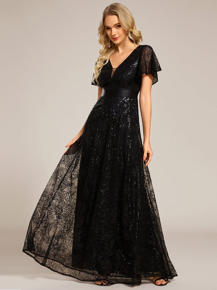 Illusion V-neck Sequin Maxi Evening Dress #color_Black