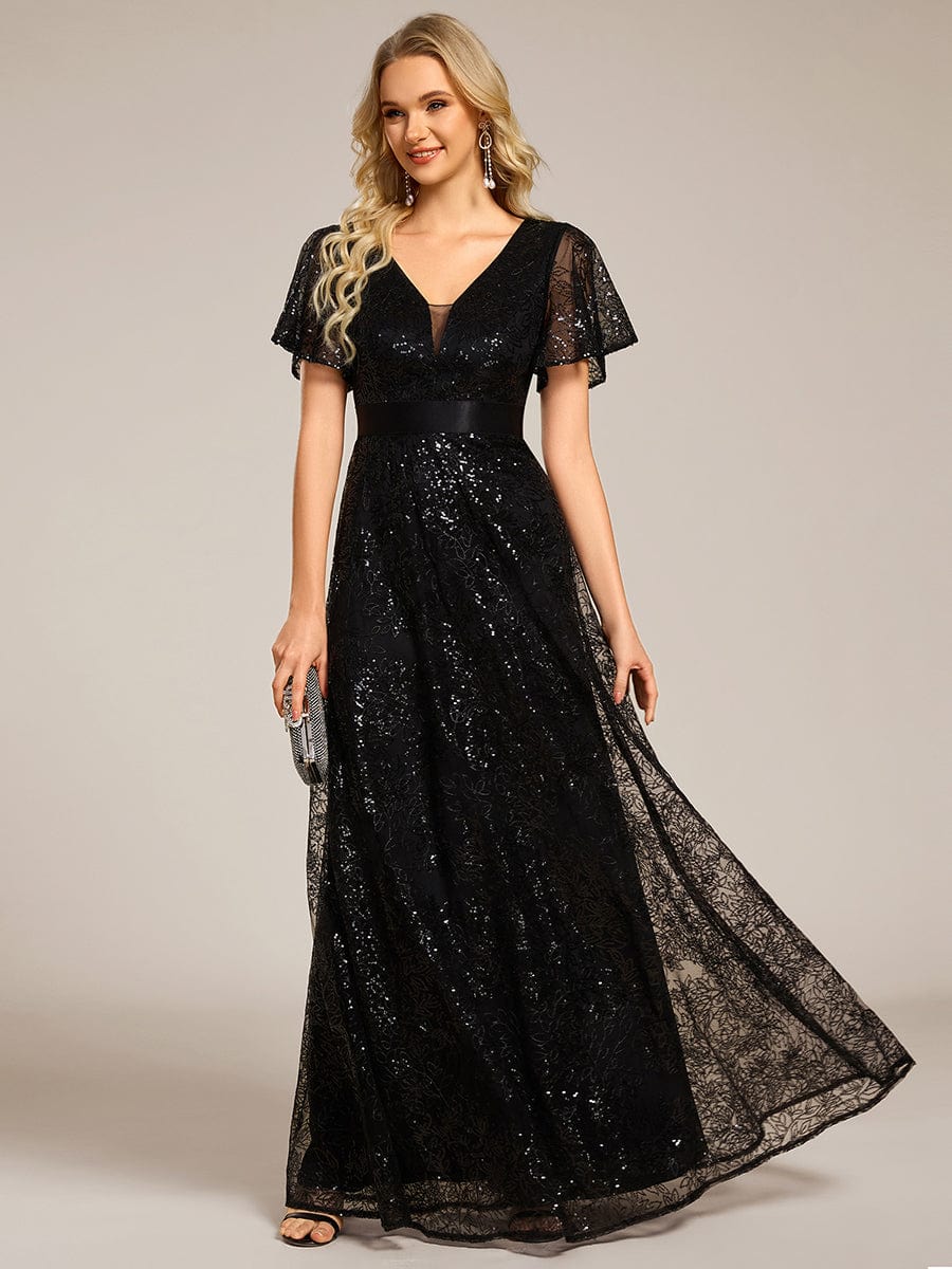 Illusion V-neck Sequin Maxi Evening Dress #color_Black