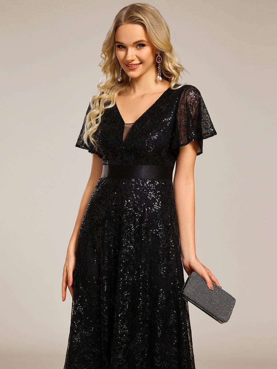 Illusion V-neck Sequin Maxi Evening Dress #color_Black