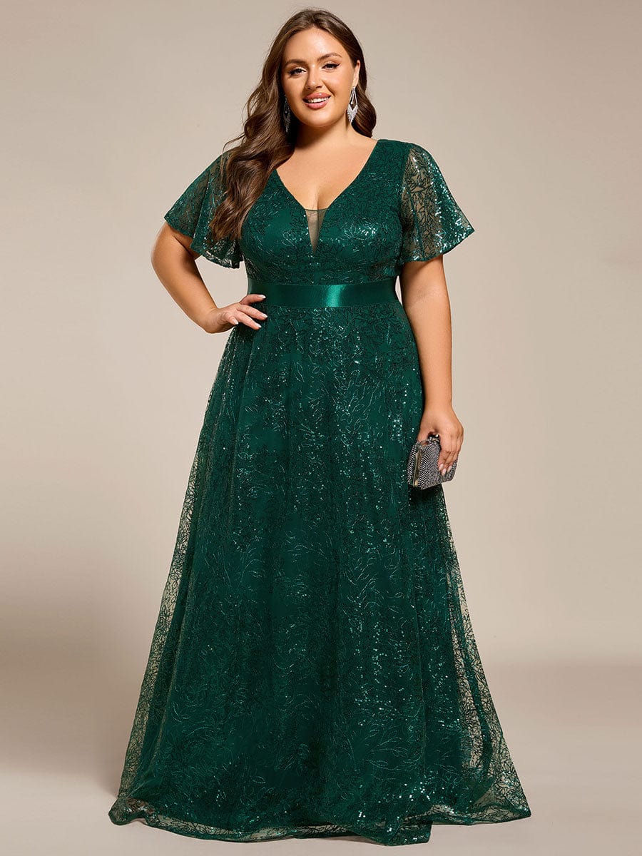 Illusion V-neck Sequin Maxi Evening Dress #color_Dark Green