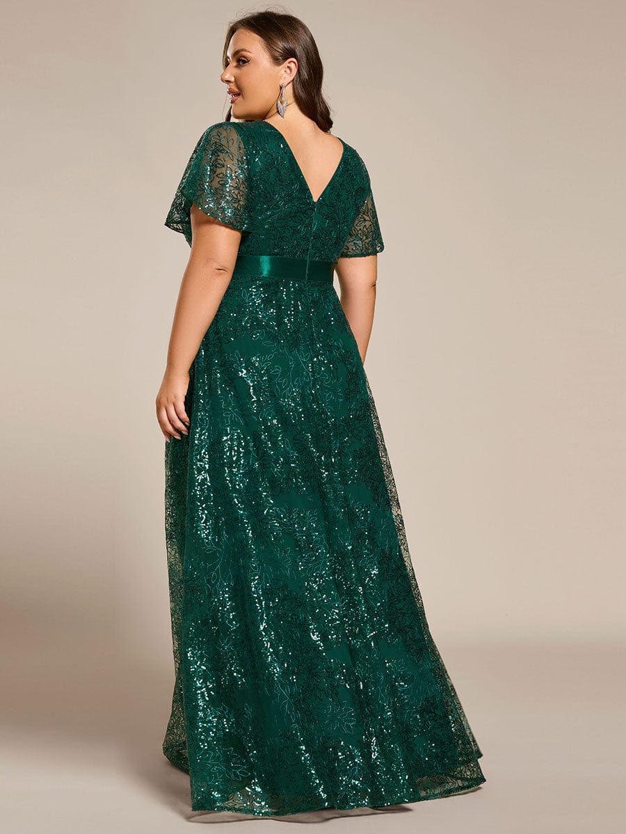 Illusion V-neck Sequin Maxi Evening Dress #color_Dark Green