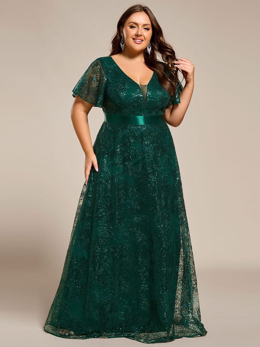 Illusion V-neck Sequin Maxi Evening Dress #color_Dark Green