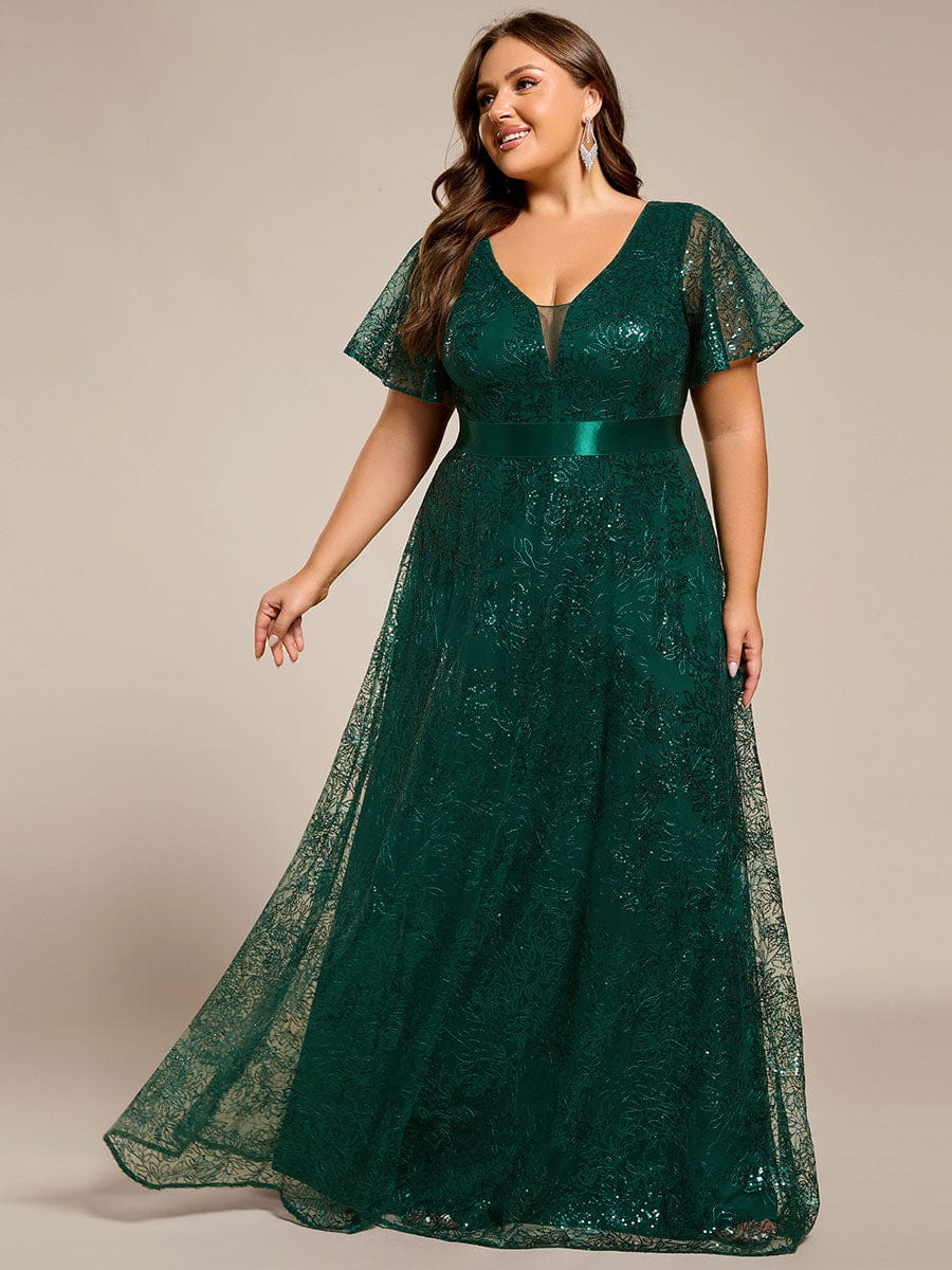 Illusion V-neck Sequin Maxi Evening Dress #color_Dark Green