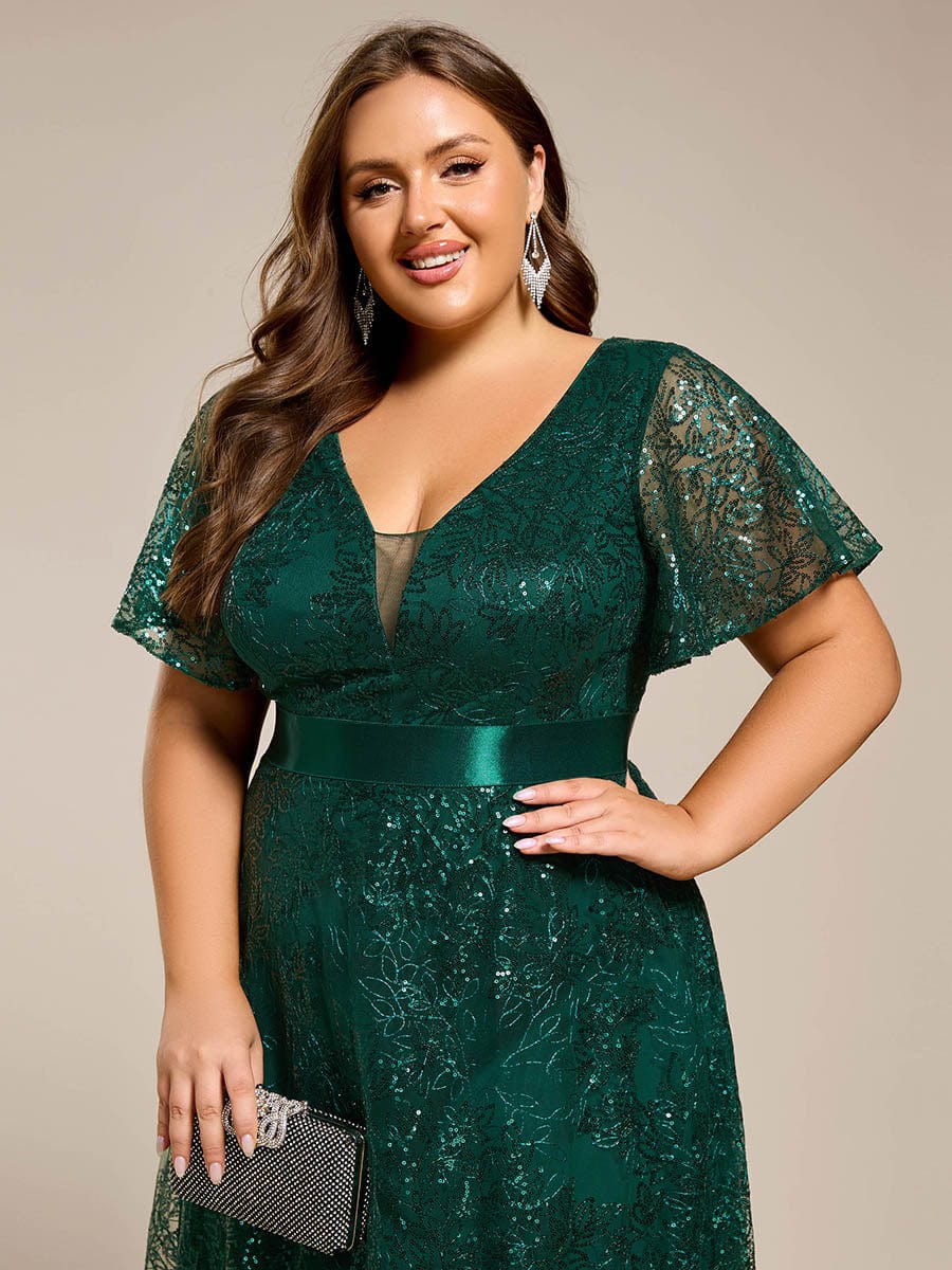 Illusion V-neck Sequin Maxi Evening Dress #color_Dark Green