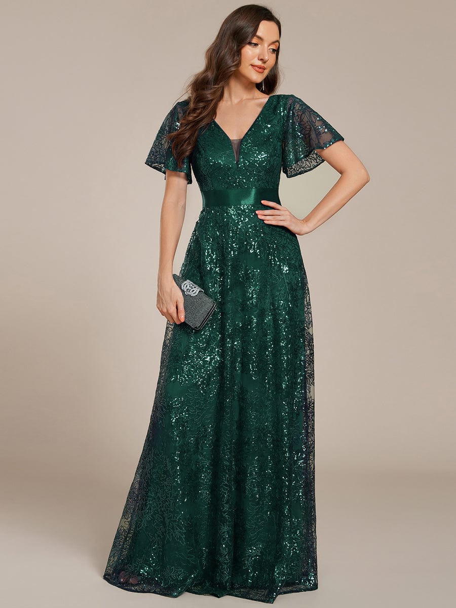 Illusion V-neck Sequin Maxi Evening Dress #color_Dark Green