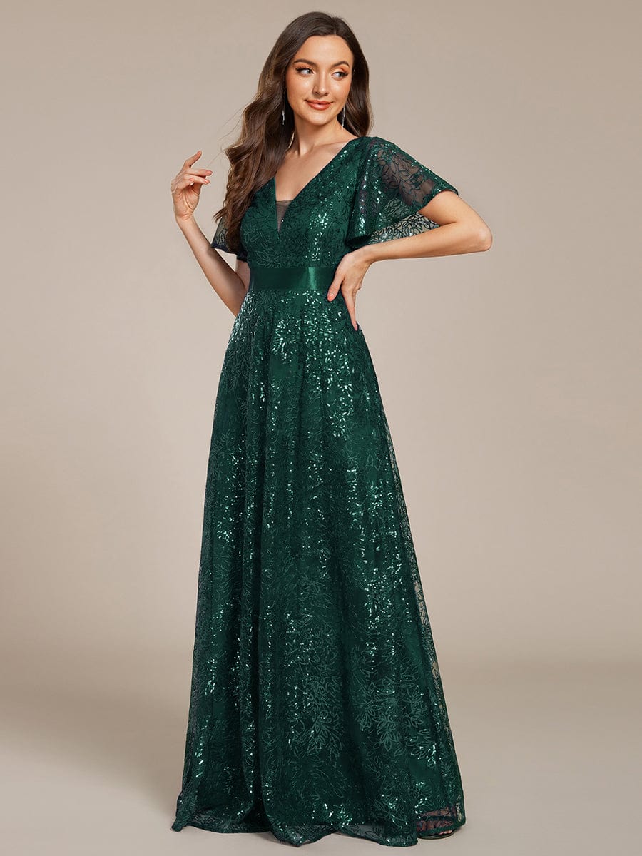 Illusion V-neck Sequin Maxi Evening Dress #color_Dark Green