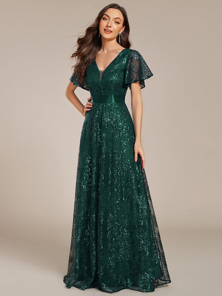 Illusion V-neck Sequin Maxi Evening Dress #color_Dark Green