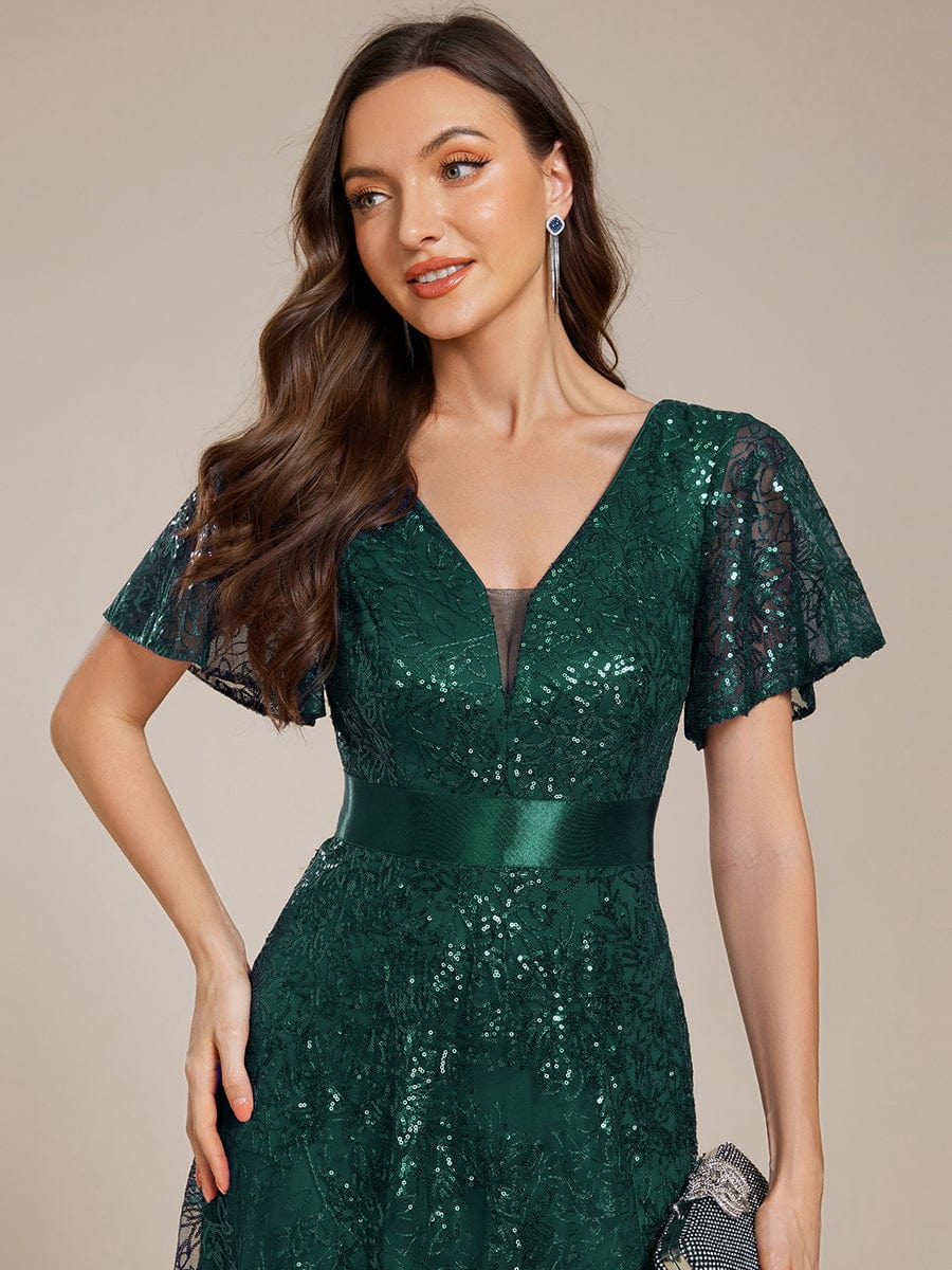 Illusion V-neck Sequin Maxi Evening Dress #color_Dark Green