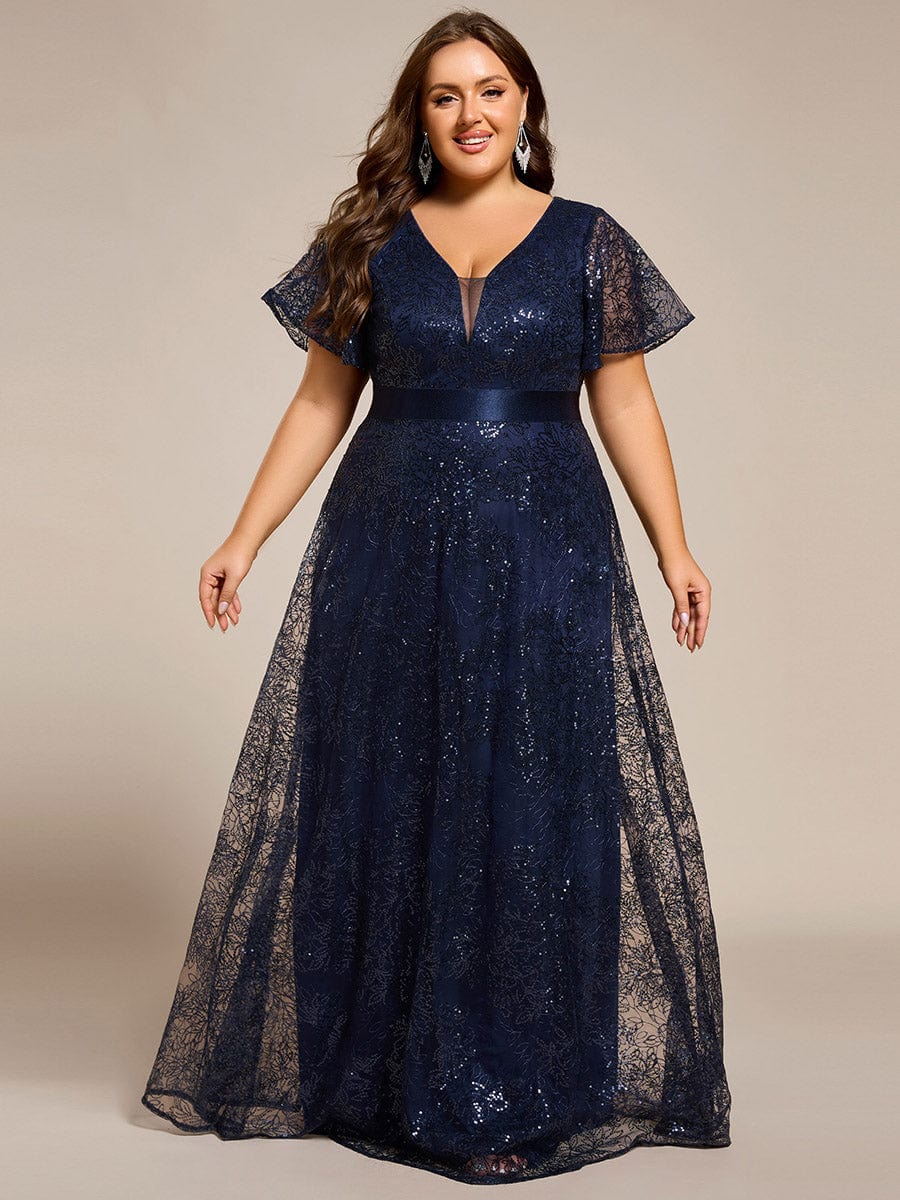 Illusion V-neck Sequin Maxi Evening Dress #color_Navy Blue