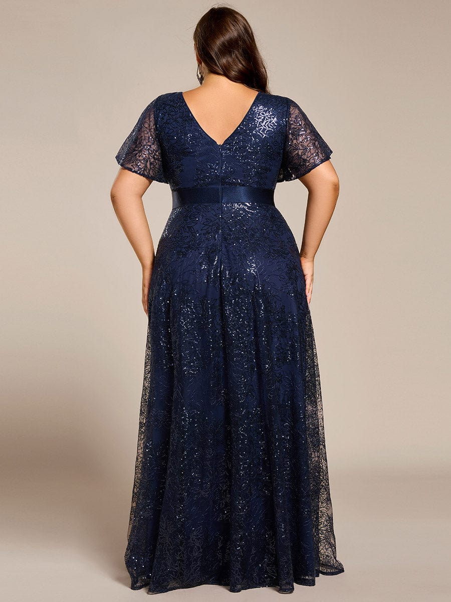 Illusion V-neck Sequin Maxi Evening Dress #color_Navy Blue