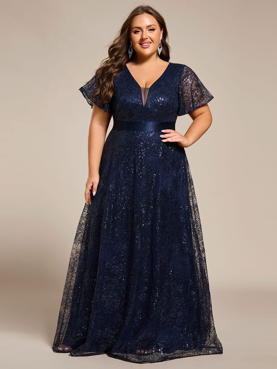 Illusion V-neck Sequin Maxi Evening Dress #color_Navy Blue