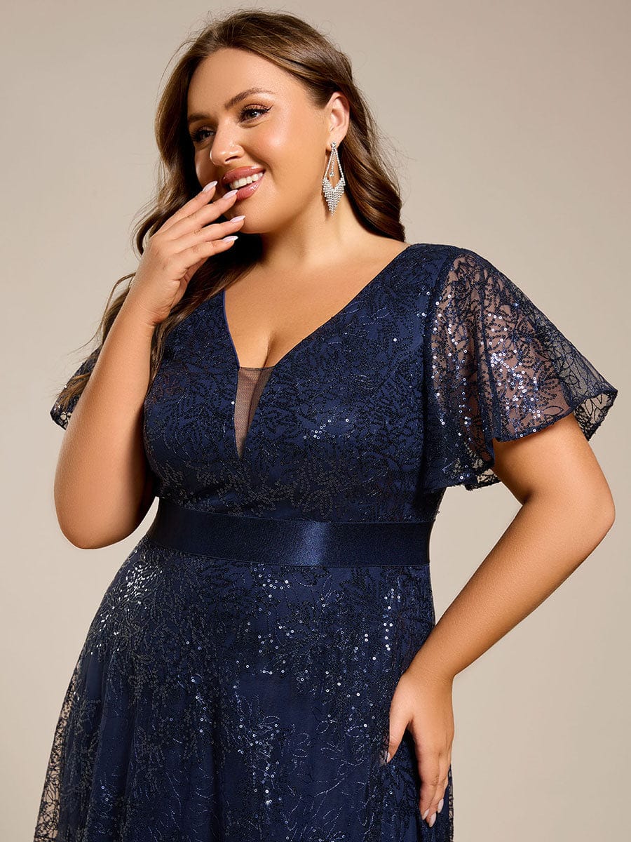 Illusion V-neck Sequin Maxi Evening Dress #color_Navy Blue