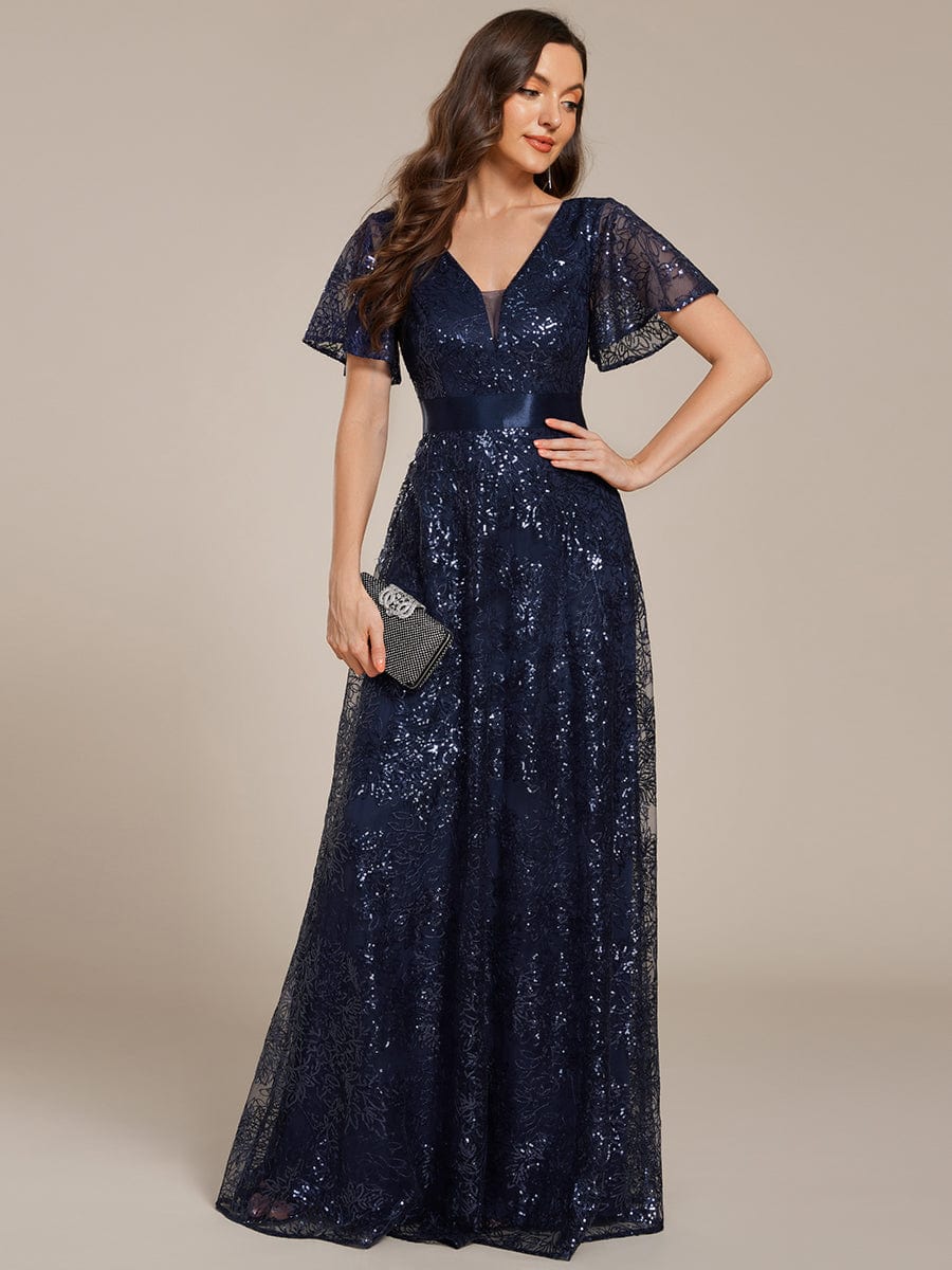 Illusion V-neck Sequin Maxi Evening Dress #color_Navy Blue