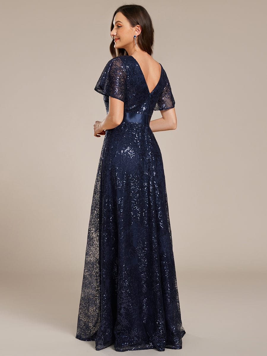 Illusion V-neck Sequin Maxi Evening Dress #color_Navy Blue