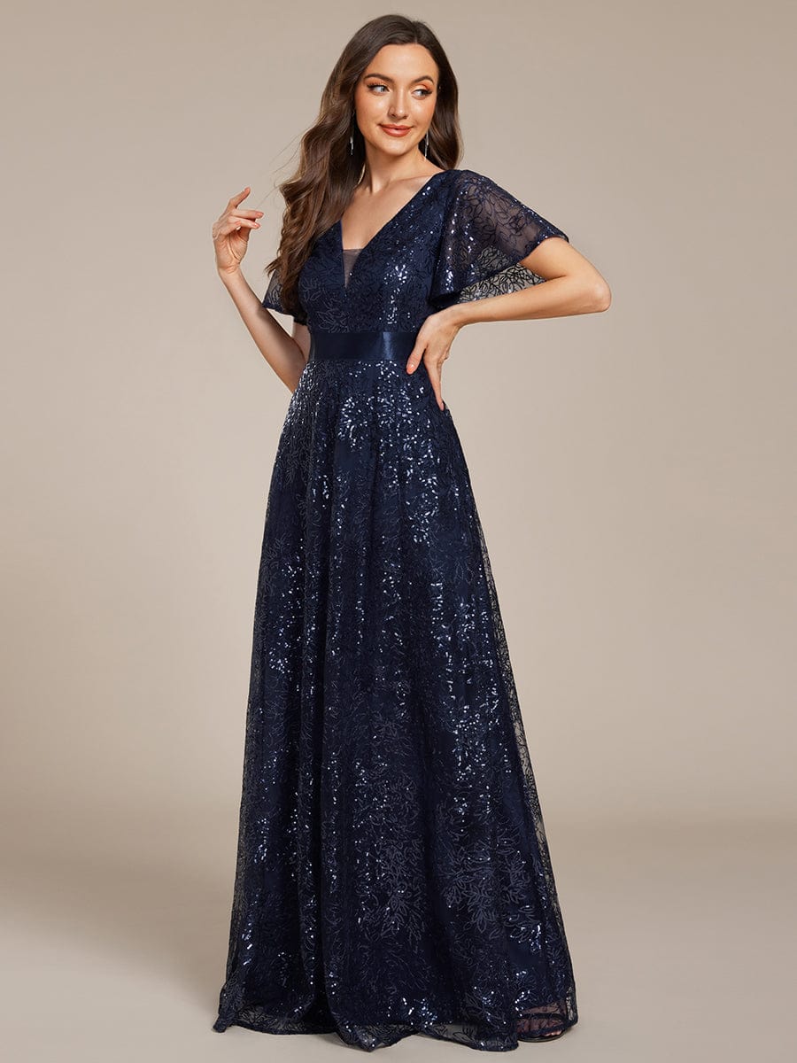 Illusion V-neck Sequin Maxi Evening Dress #color_Navy Blue