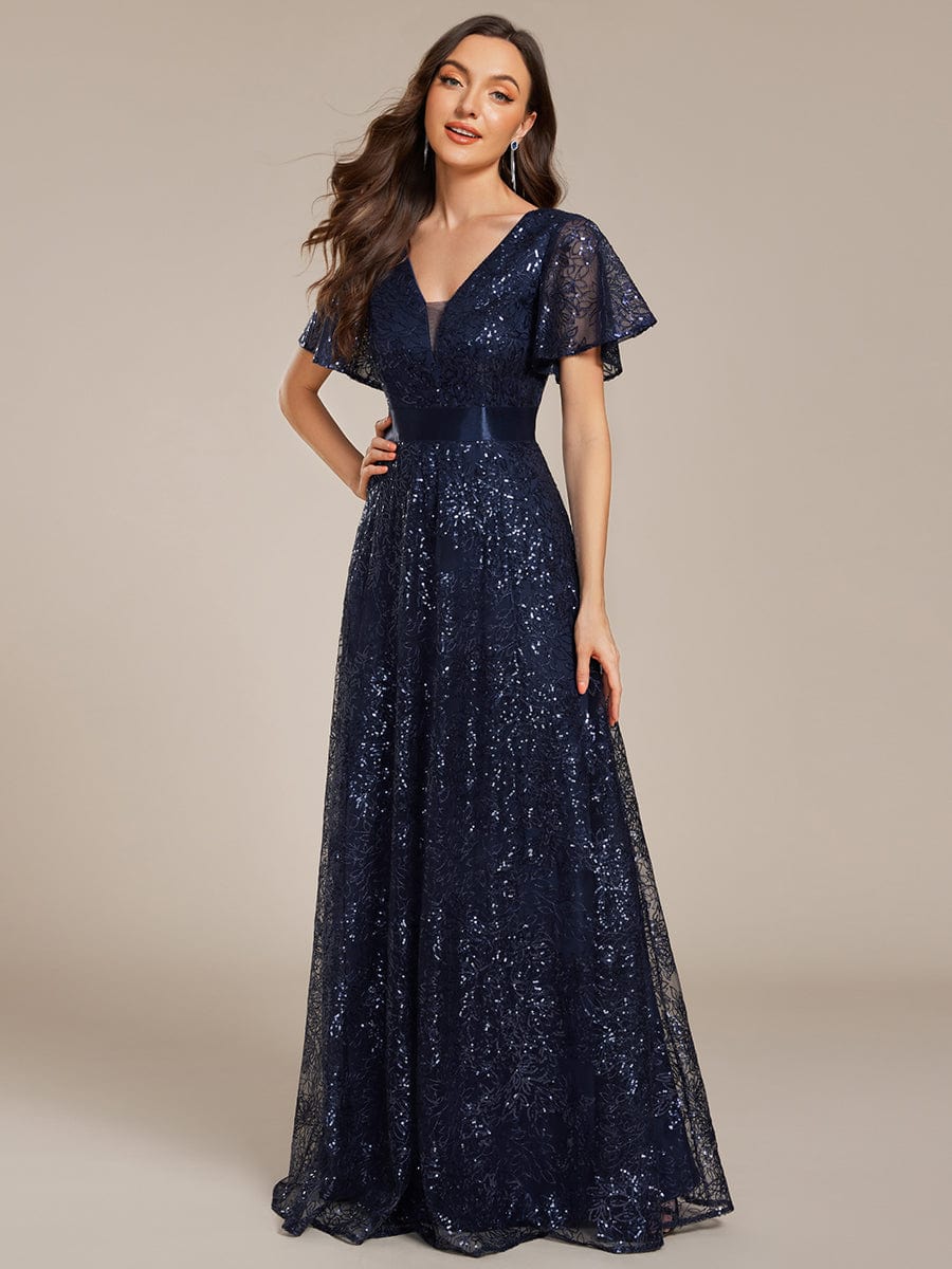 Illusion V-neck Sequin Maxi Evening Dress #color_Navy Blue