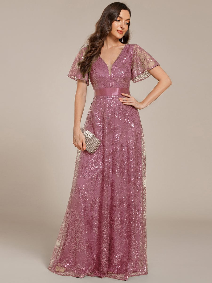 Illusion V-neck Sequin Maxi Evening Dress #color_Purple Orchid