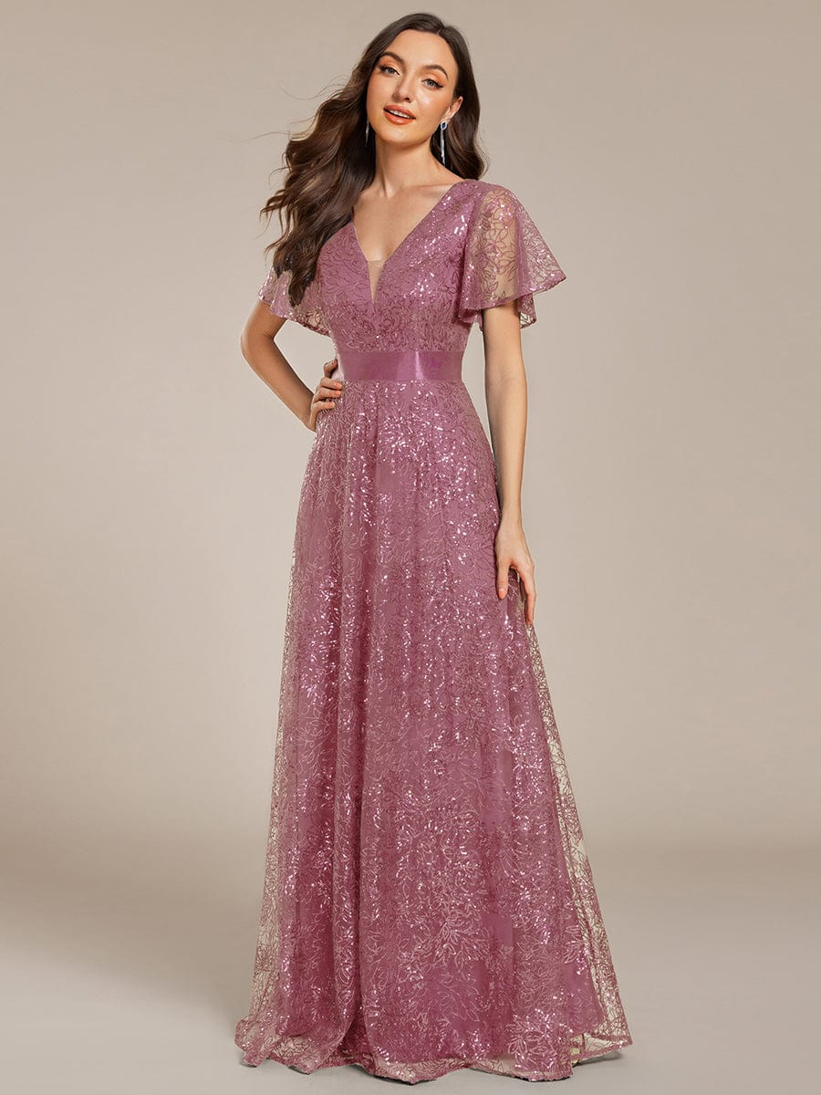 Illusion V-neck Sequin Maxi Evening Dress #color_Purple Orchid