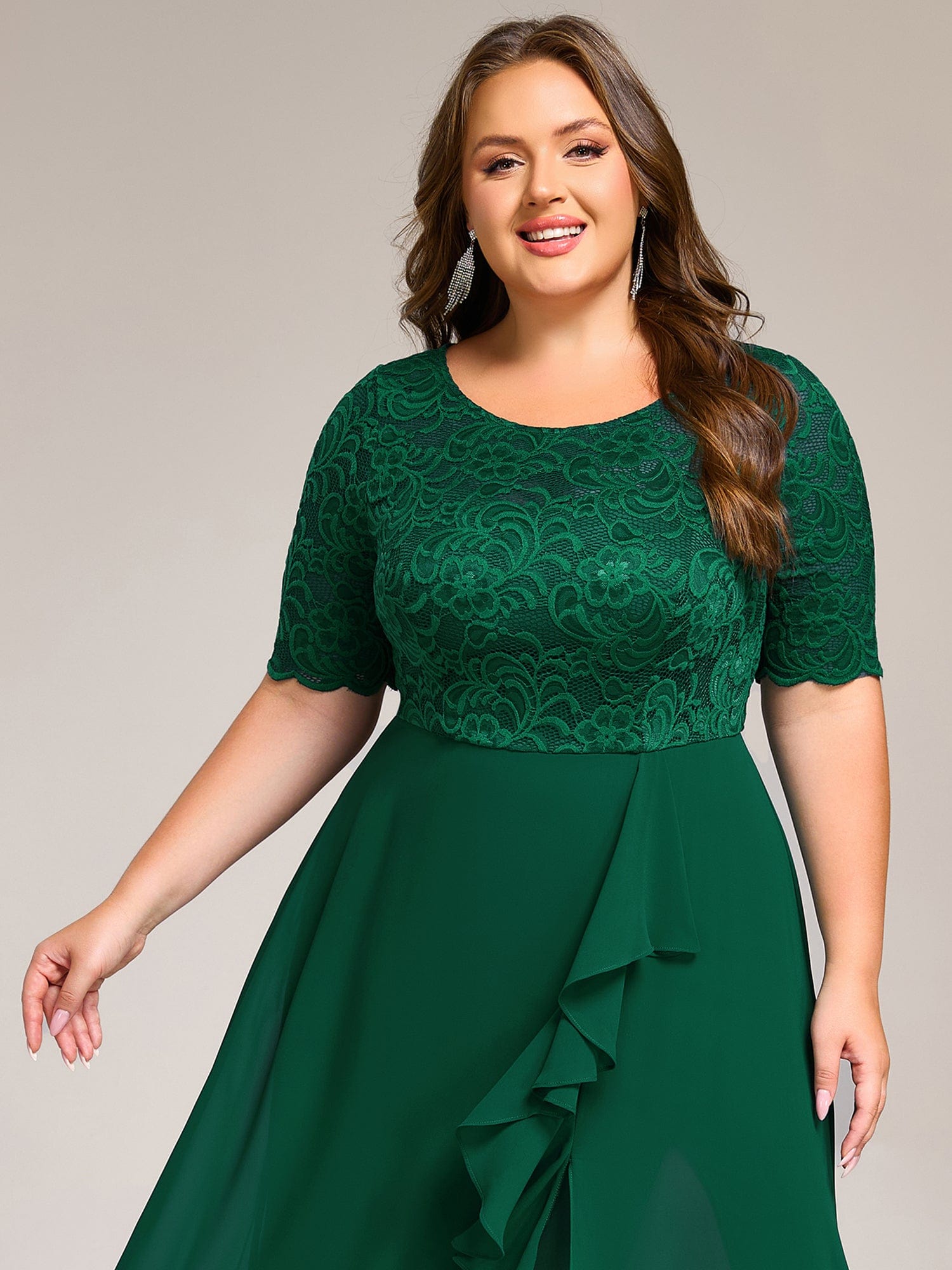 Plus Size Lace Top Short Sleeve Split Round Neck Evening Dress #color_Dark Green