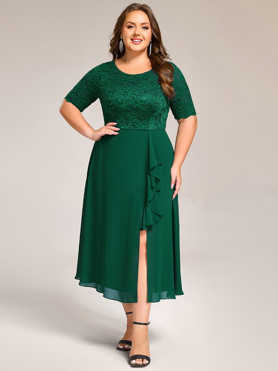 Plus Size Lace Top Short Sleeve Split Round Neck Evening Dress #color_Dark Green