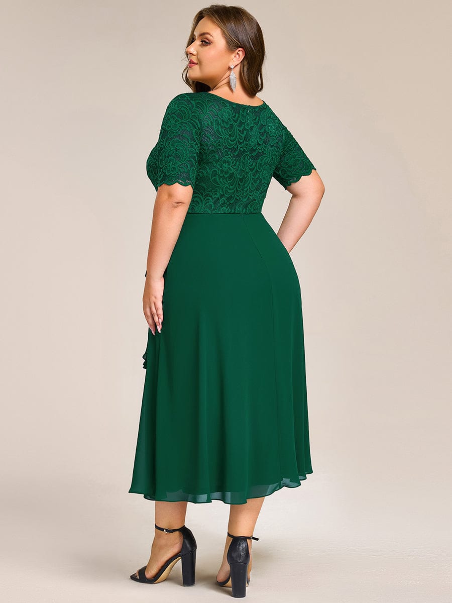 Plus Size Lace Top Short Sleeve Split Round Neck Evening Dress #color_Dark Green