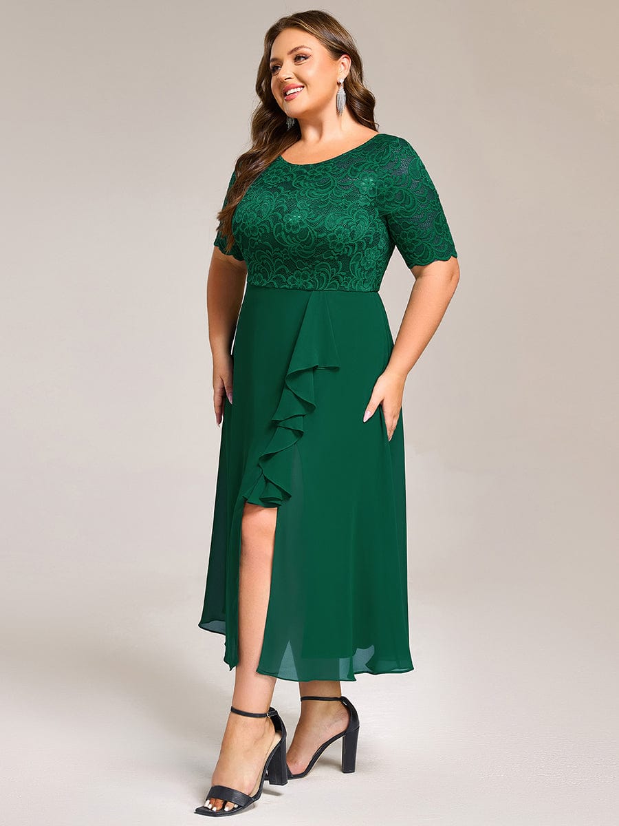 Plus Size Lace Top Short Sleeve Split Round Neck Evening Dress #color_Dark Green