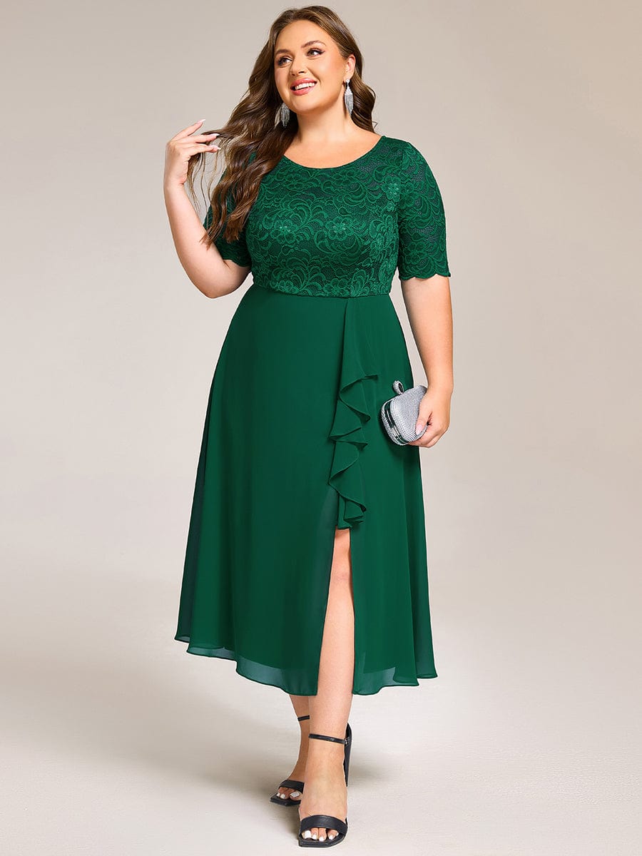 Plus Size Lace Top Short Sleeve Split Round Neck Evening Dress #color_Dark Green