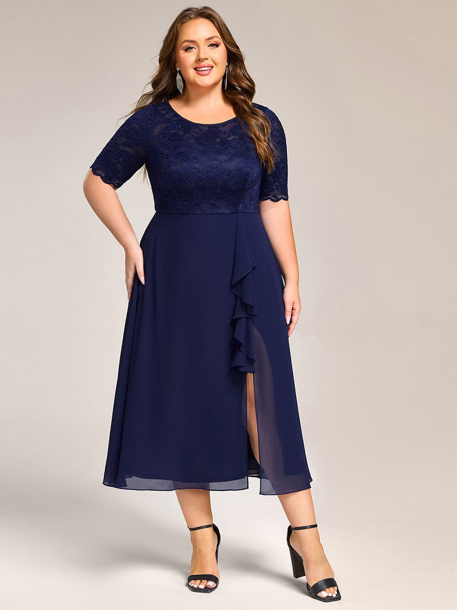 Plus Size Lace Top Short Sleeve Split Round Neck Evening Dress #color_Navy Blue