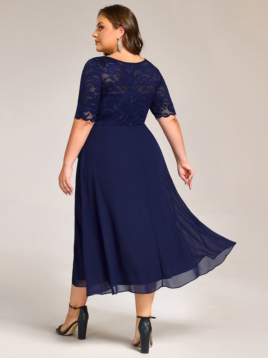 Plus Size Lace Top Short Sleeve Split Round Neck Evening Dress #color_Navy Blue