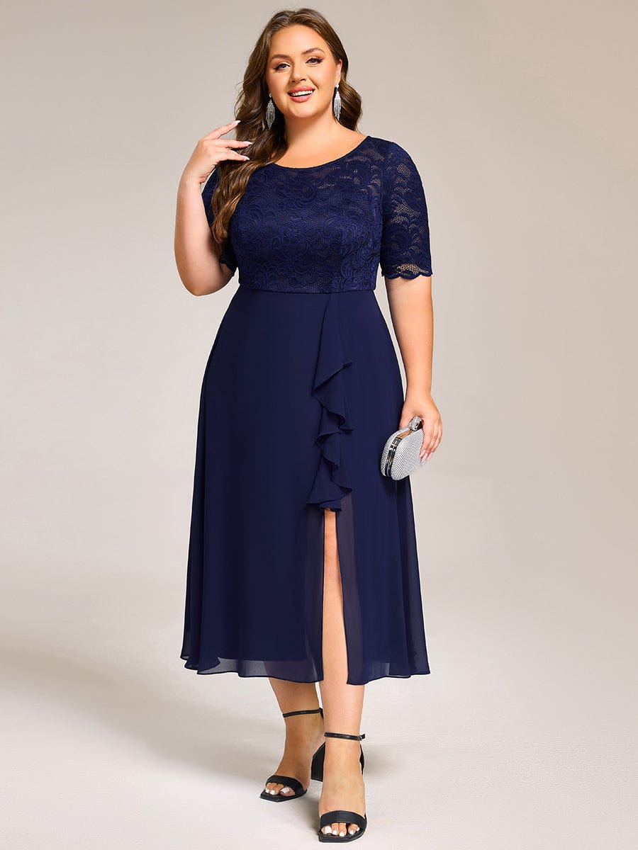 Plus Size Lace Top Short Sleeve Split Round Neck Evening Dress #color_Navy Blue