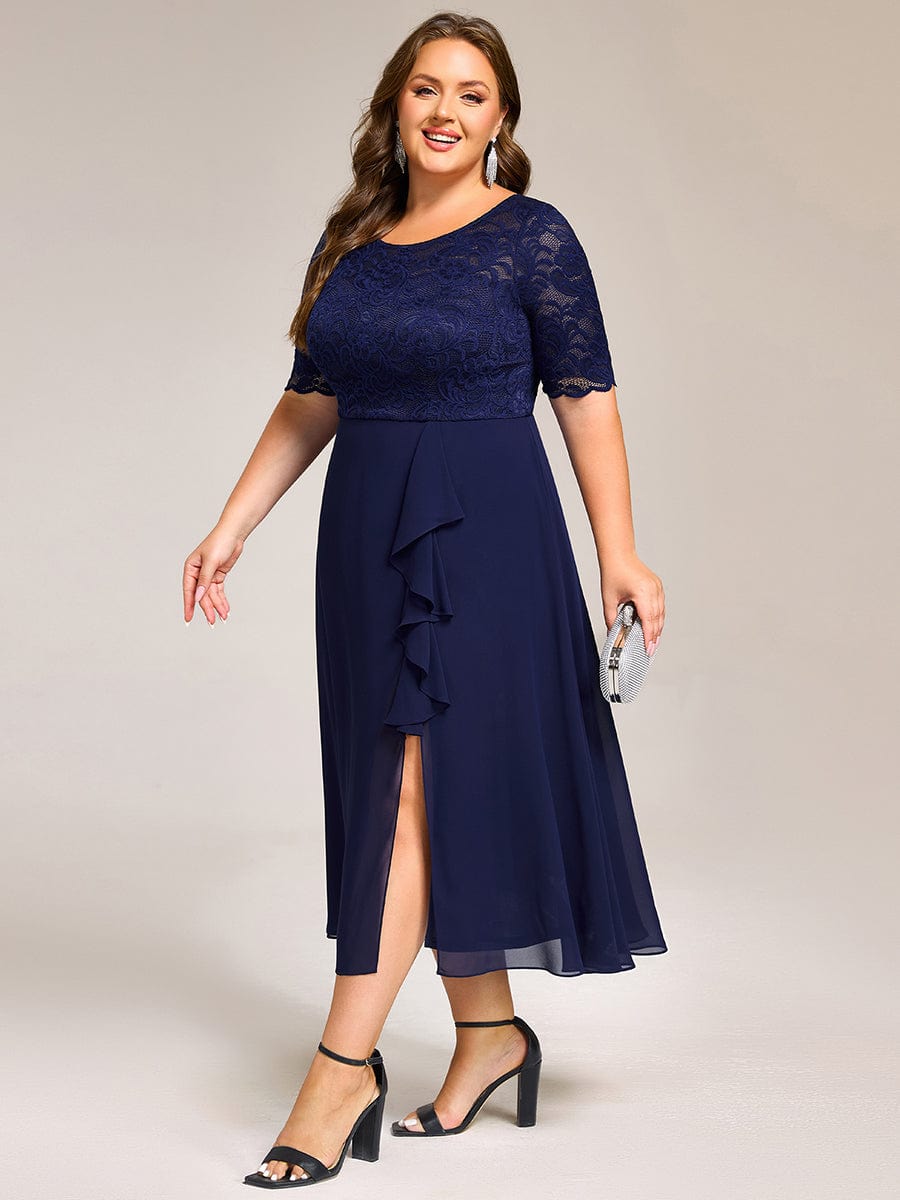 Plus Size Lace Top Short Sleeve Split Round Neck Evening Dress #color_Navy Blue