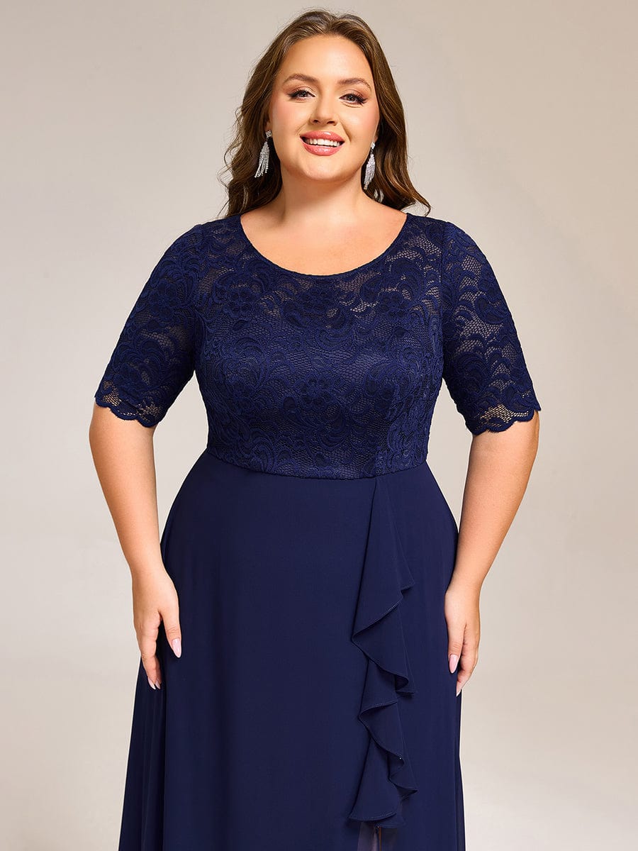 Plus Size Lace Top Short Sleeve Split Round Neck Evening Dress #color_Navy Blue