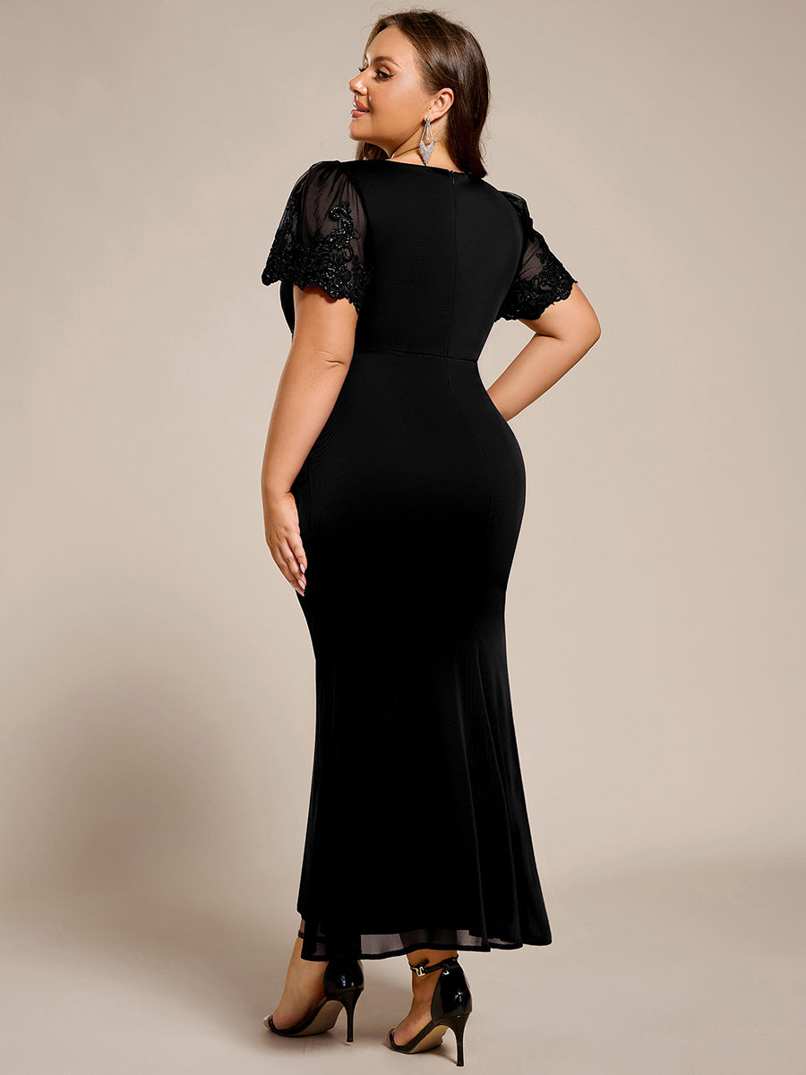 Plus Size Short Sleeve Ruffled Fishtail V-Neck Evening Dress #color_Black