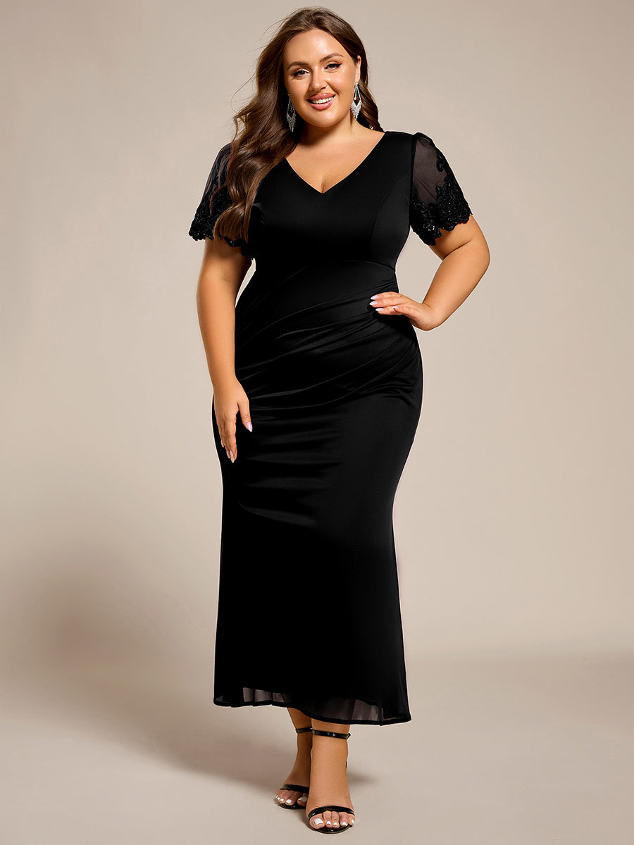 Plus Size Short Sleeve Ruffled Fishtail V-Neck Evening Dress #color_Black