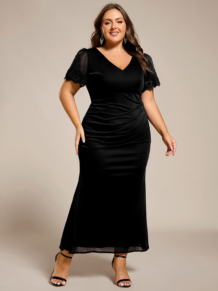 Plus Size Short Sleeve Ruffled Fishtail V-Neck Evening Dress #color_Black